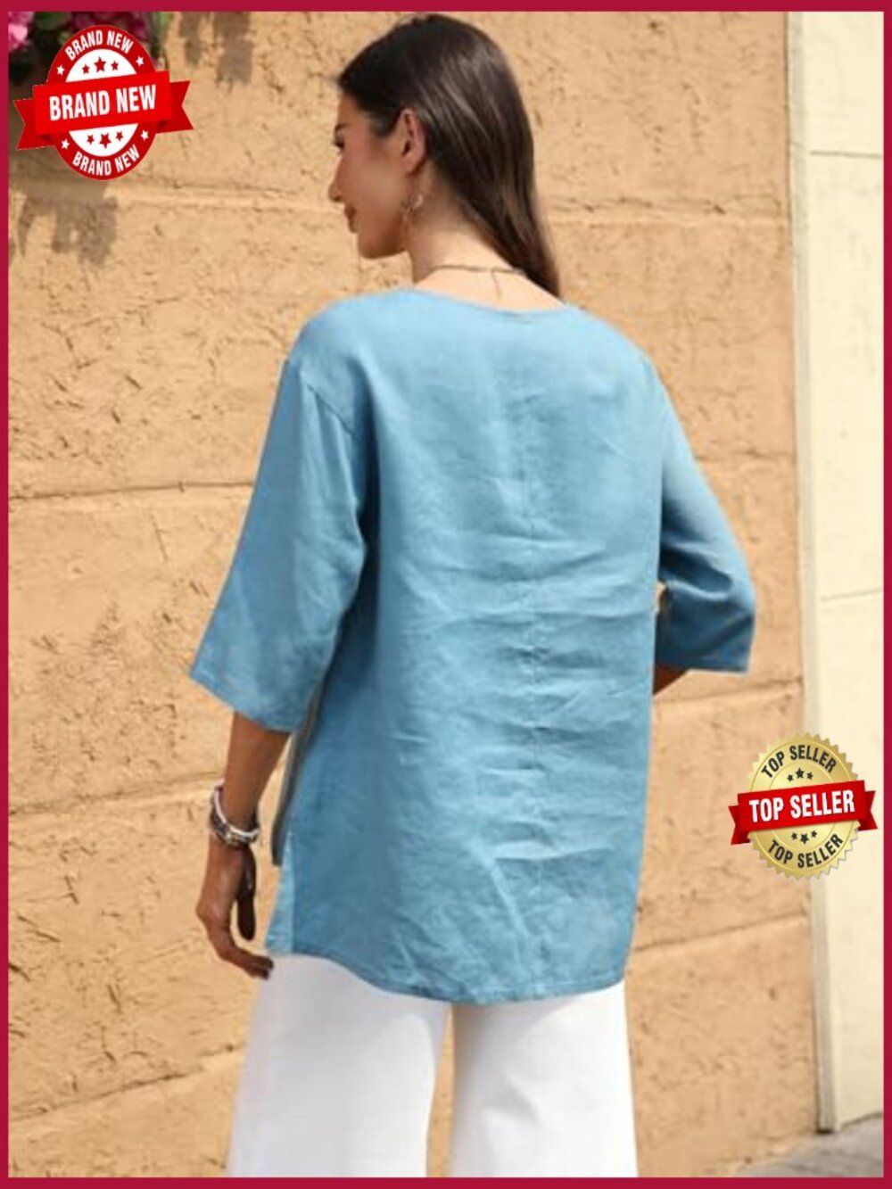 100% Linen 3/4 Sleeve Henley Neck Tunic Top - Picture 4 of 7